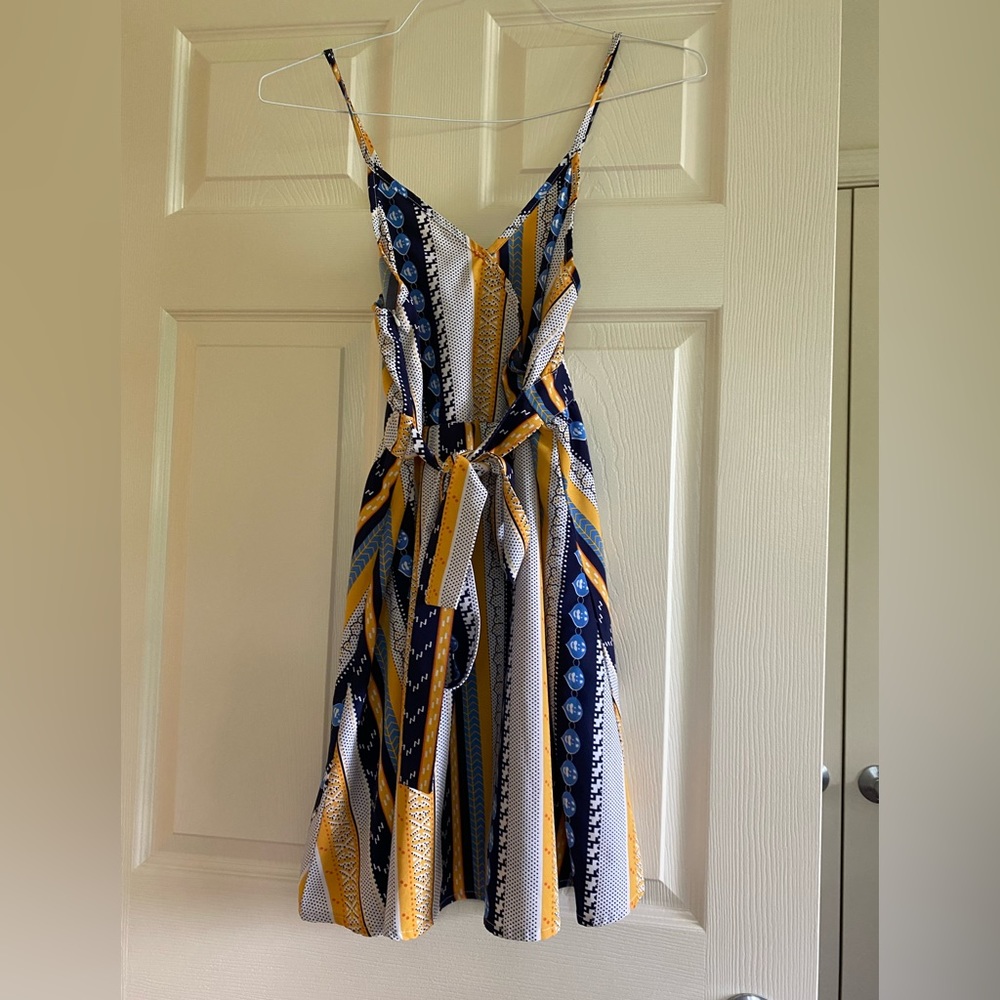 Shein Front Striped Belted Cami Dress - Yellow and Blue - M/6